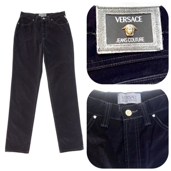 Auc Versace Vintage High Waist Black Velvet Medusa Head jeans